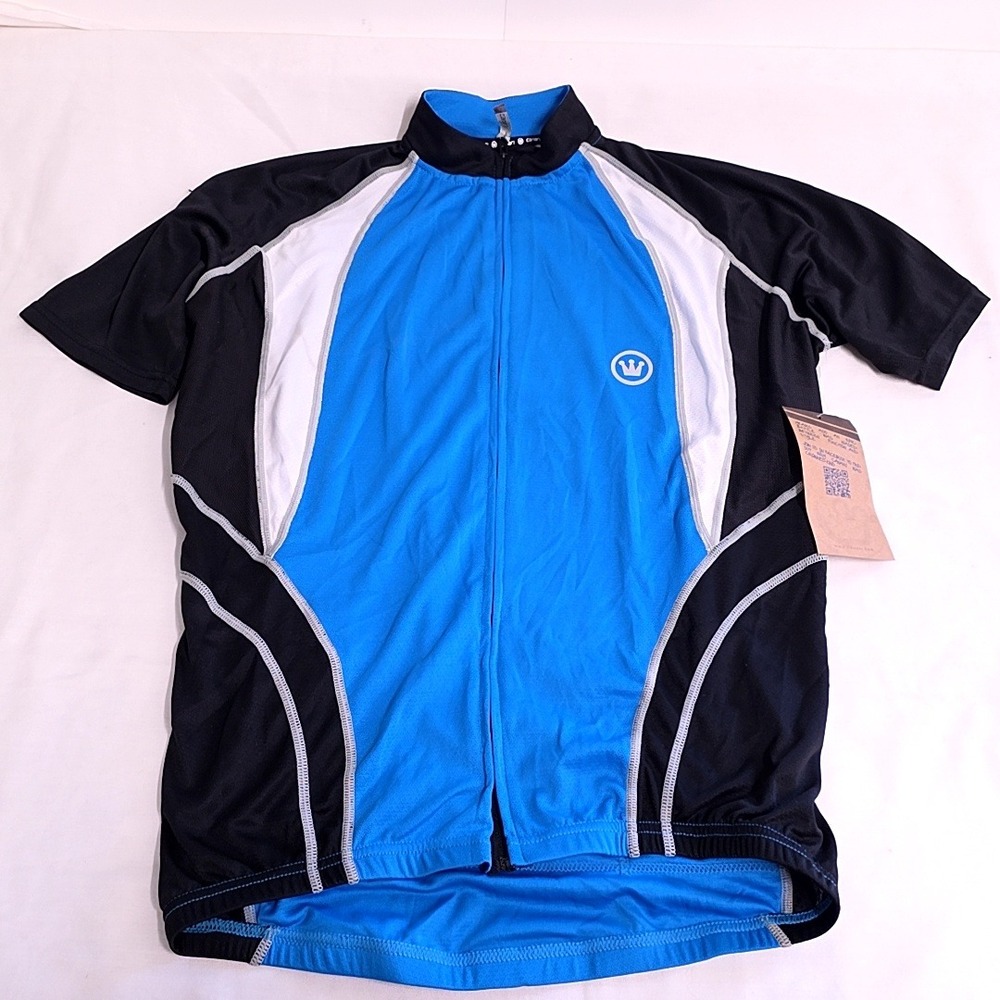 NWT Canari Cycling Jersey Men Medium Blue Black White Full Zip Short Sleeve